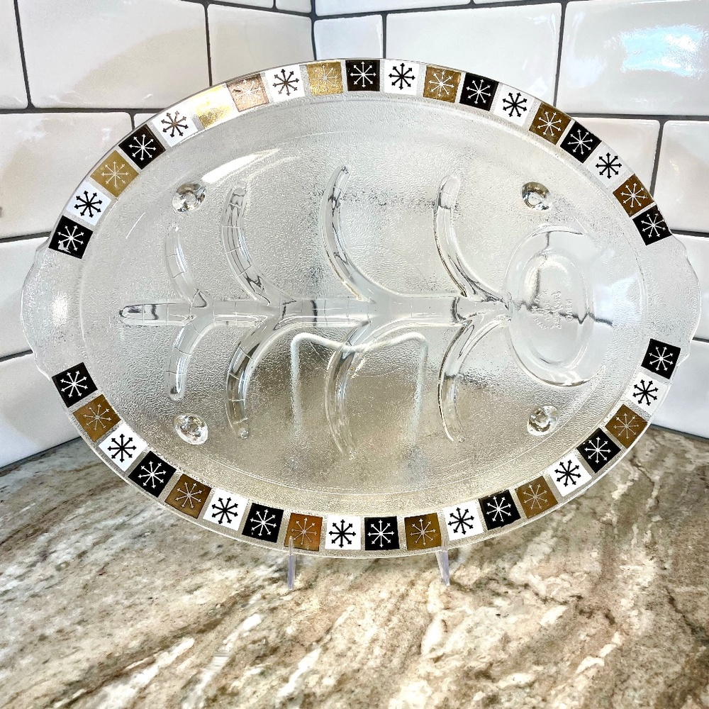 Vintage Fire King Tree of Life Meat Platter Atomic Black white & Gold Snowflakes